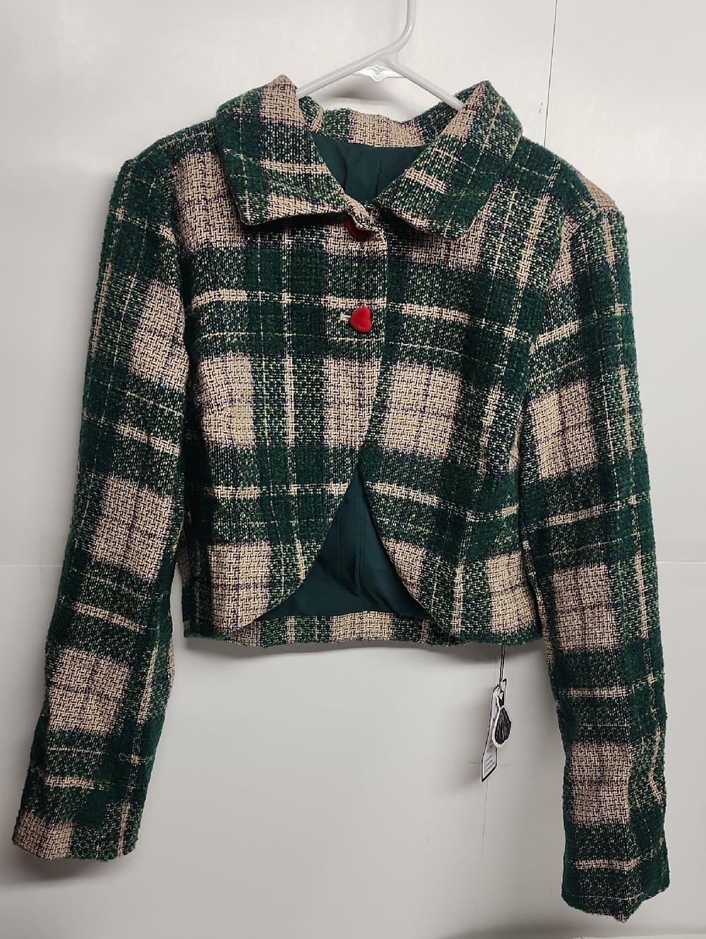 Retro Stage Womens Green & Cream Plaid Tweed Sparkle Vtg Insired Cropped Jacket